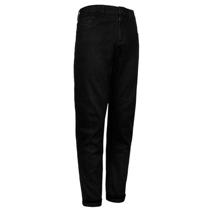 Side view of men’s solid black motorcycle jeans showing streamlined fit and discreet side-entry knee armour pocket.
