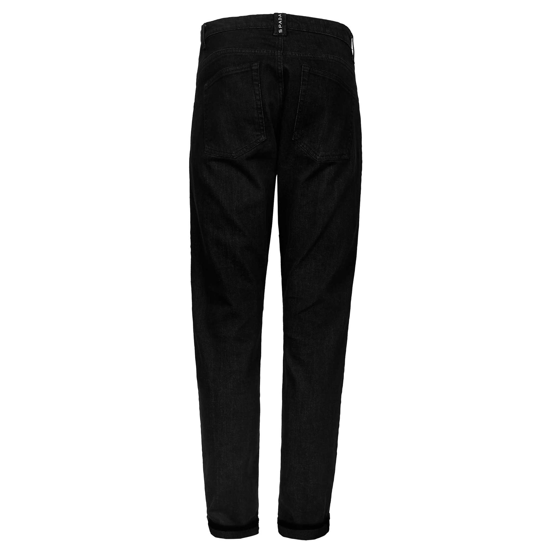 Rear view of men’s solid black motorcycle jeans highlighting reinforced seat and classic biker styling for durability.