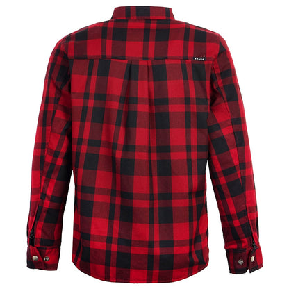 back view of black and red plaid chequered mens shirt for bikers