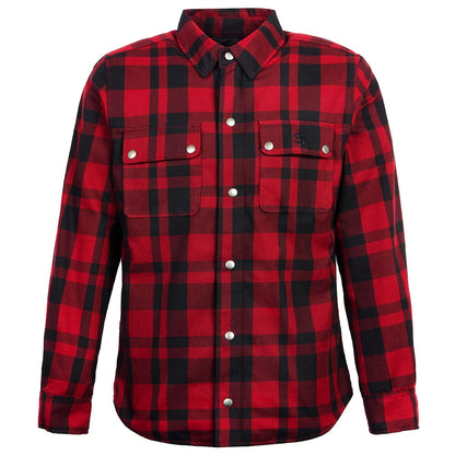 front view of black and red plaid chequered mens shirt for bikers