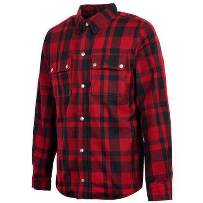 side view of black and red plaid chequered mens shirt for bikers with front pockets