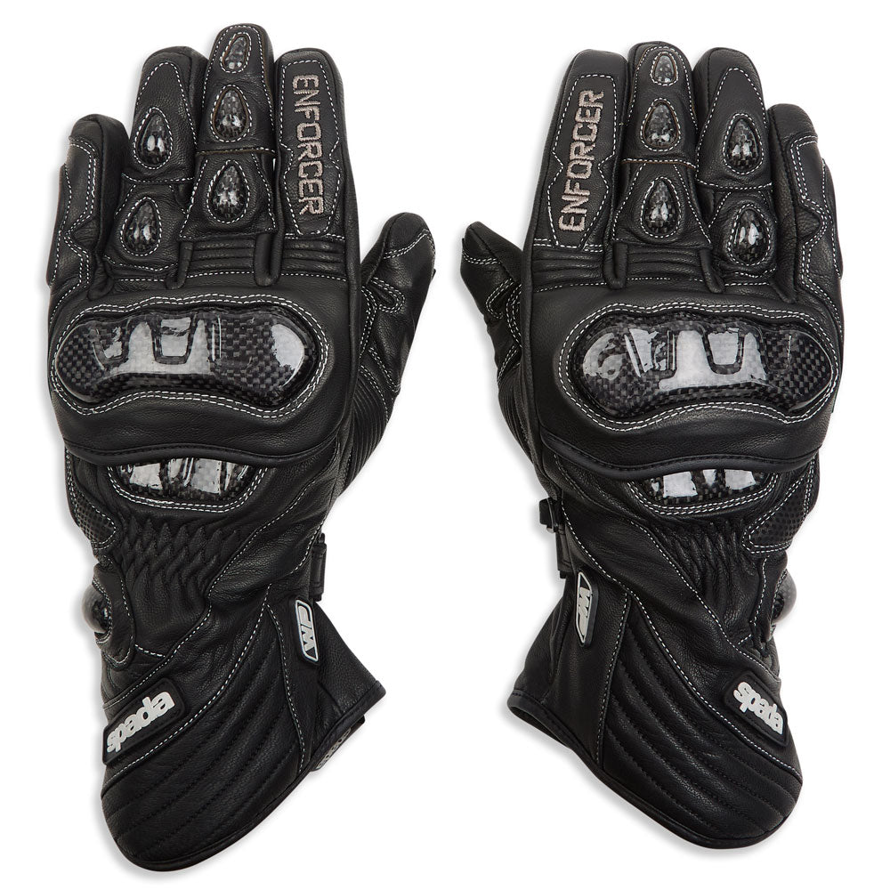 black motorcycle gloves with knuckle protectors and white stitching for bikers