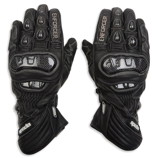 black motorcycle gloves with knuckle protectors and white stitching for bikers