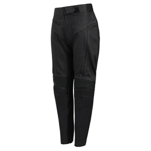 side view of women's black motorcycle trousers with a matt finish