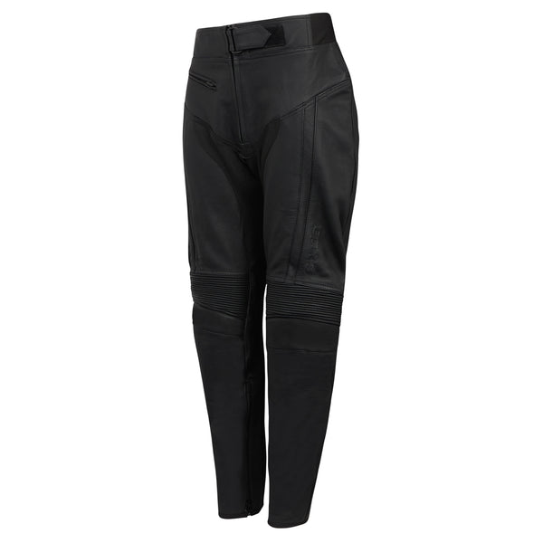 side view of women's black motorcycle trousers with a matt finish