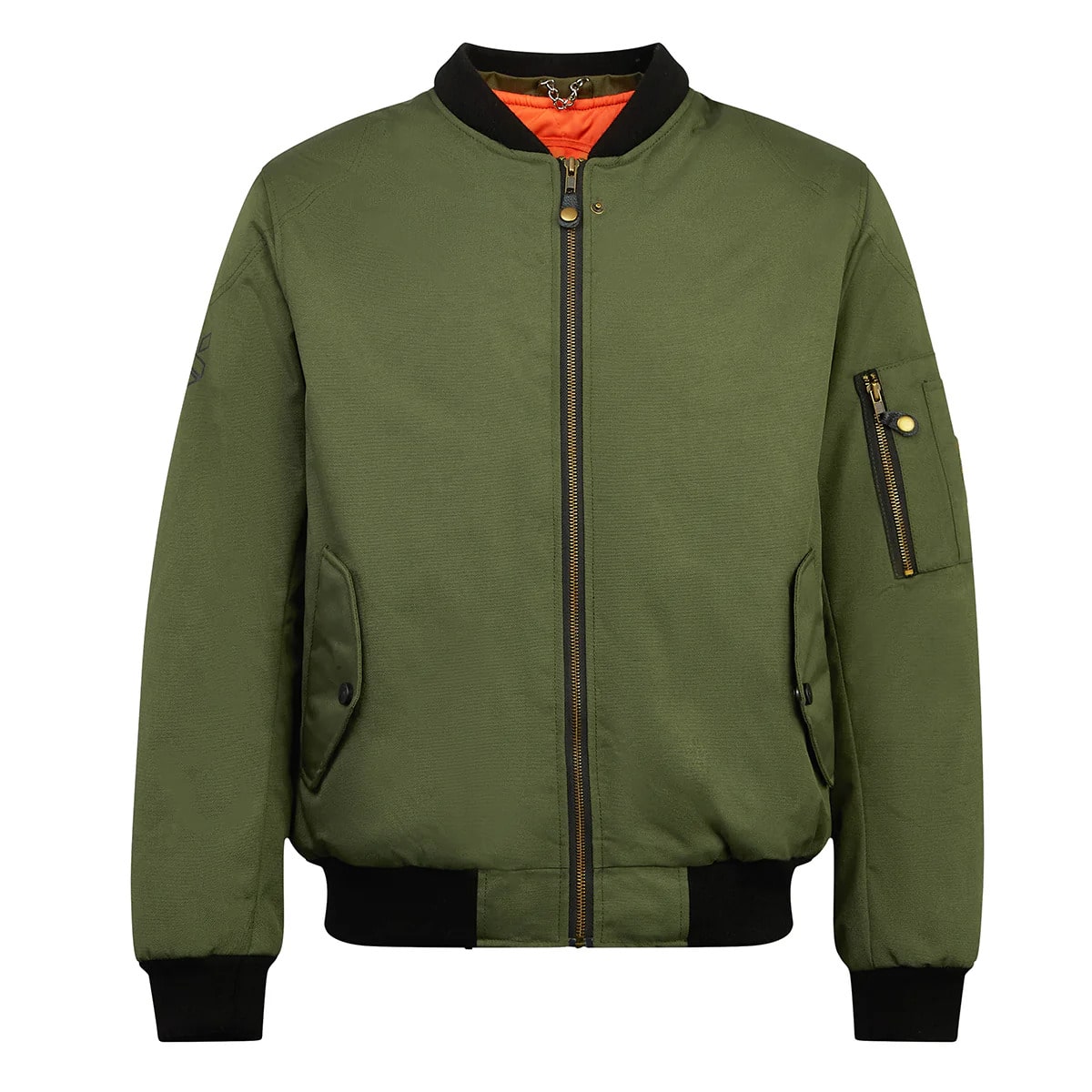 olive green motorcycle bomber jacket with orange lining