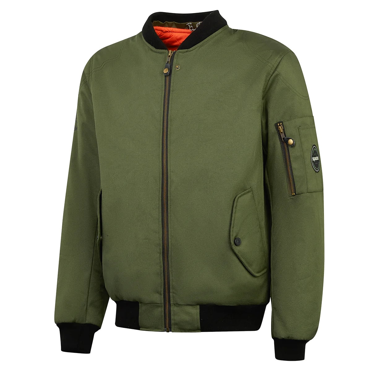 side view of olive green motorcycle bomber jacket with orange lining