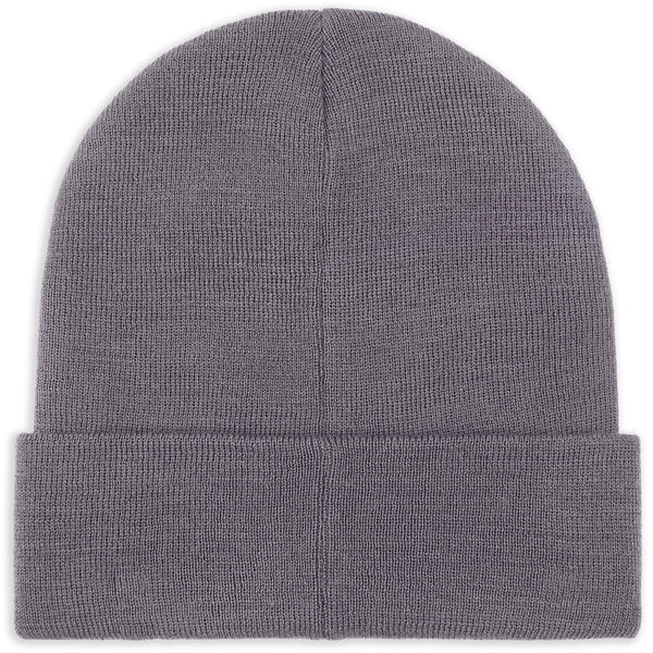 flatlay of back of grey beanie hat for motorcycle bikers