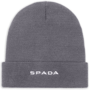 flatlay of front of grey beanie hat for motorcycle bikers