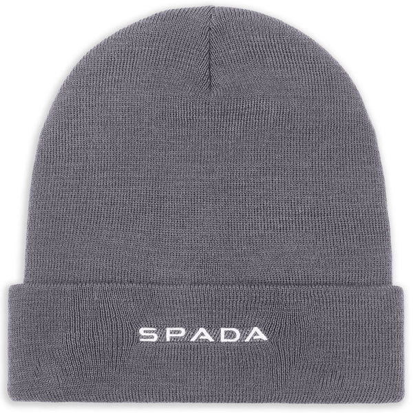 flatlay of front of grey beanie hat for motorcycle bikers