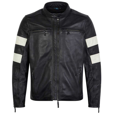 Front view of Hanzo black and white leather motorcycle jacket for men – sleek rider fit with dual zip and bold sleeve detail