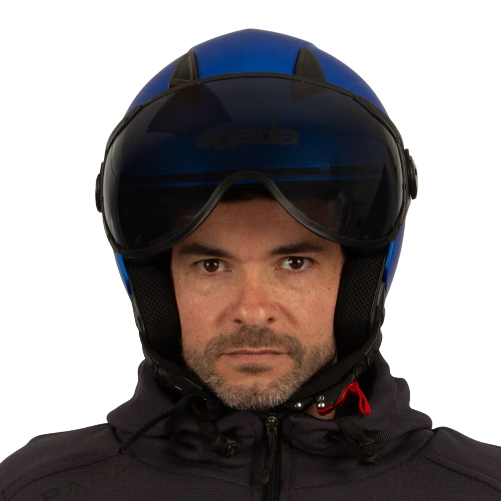 front of blue motorcycle helmet for men with tinted visor