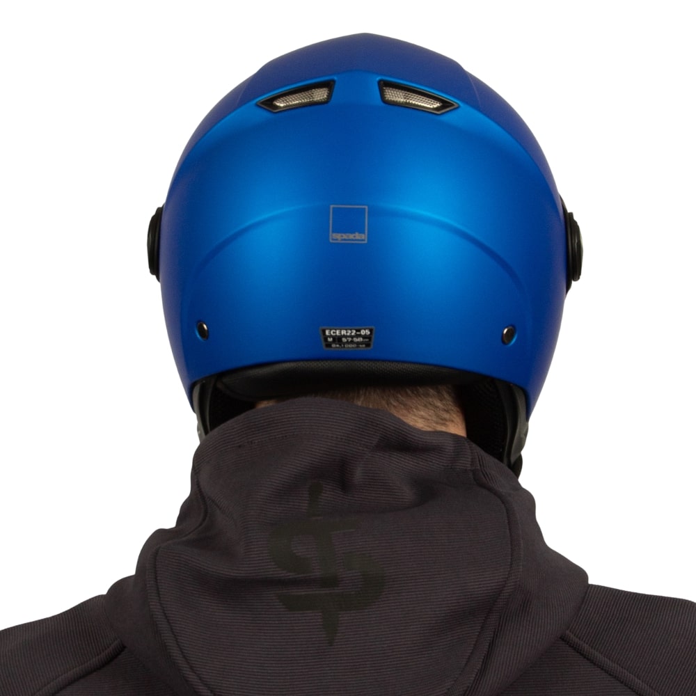 back of blue open face motorcycle helmet