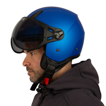 matte blue helmet for men with tinted visor
