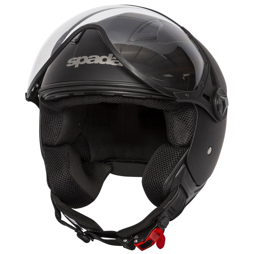 side view of matte black open face motorcycle helmet with anti scratch visor