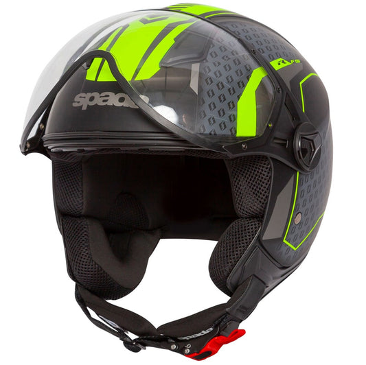 side view of black and green matte fluorescent open face motorcycle helmet