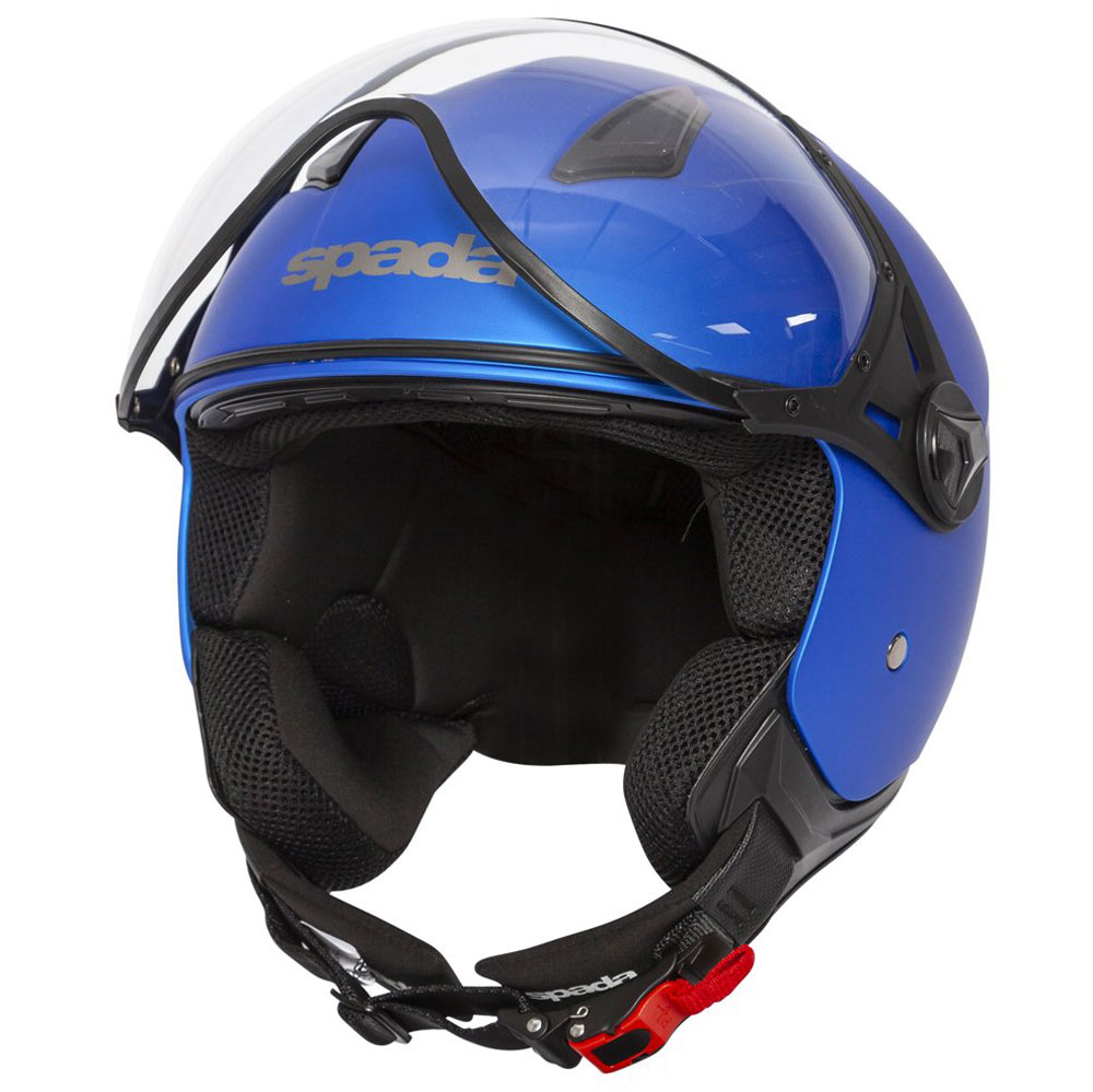 side view of matte blue open face motorcycle helmet with anti scratch visor