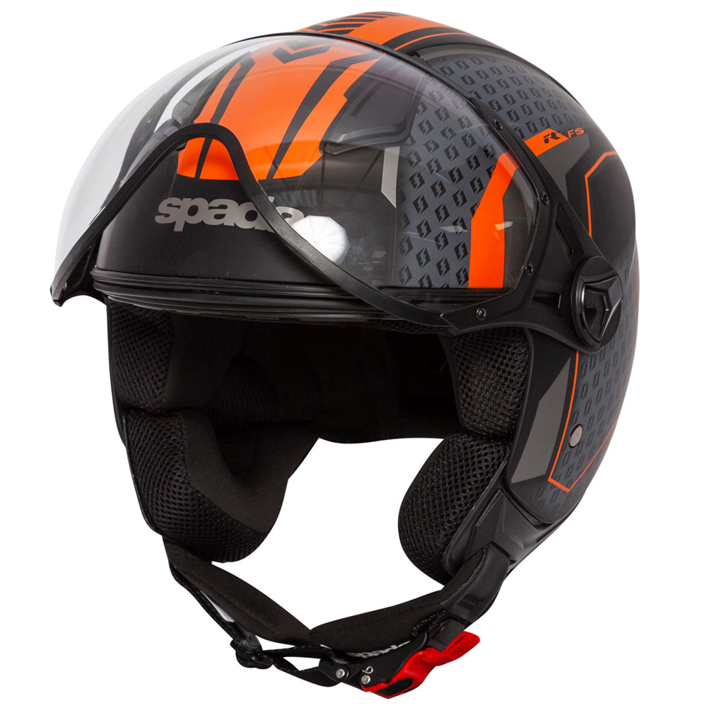 side view of black and orange open face motorcycle helmet