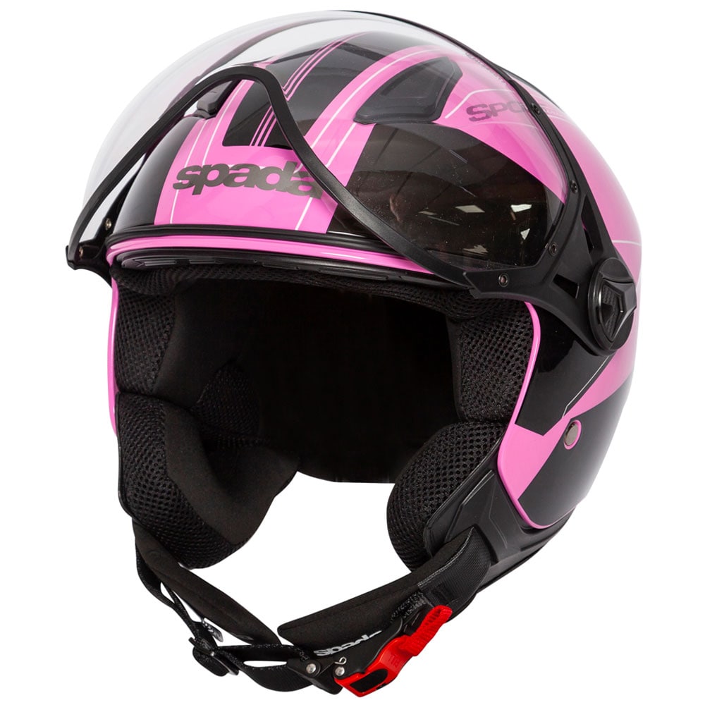 side view of black and pink open face motorcycle helmet