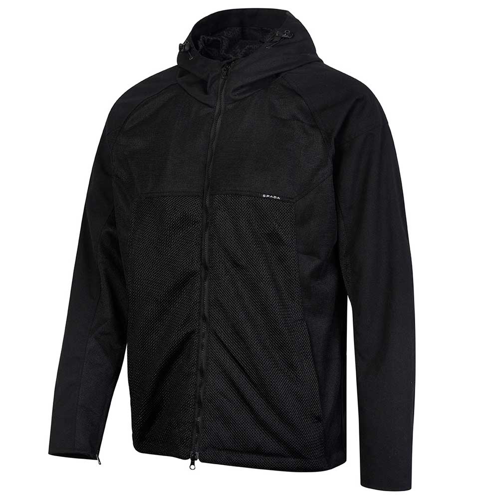 side view of hooded black motorcycle jacket for men