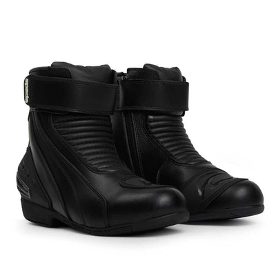 pair of black PU coated leather motorcycle boots