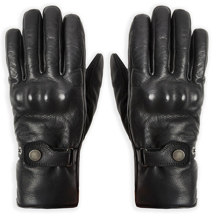 front of black full grain leather motorcycle gauntlet  gloves with knuckle protection for bikers