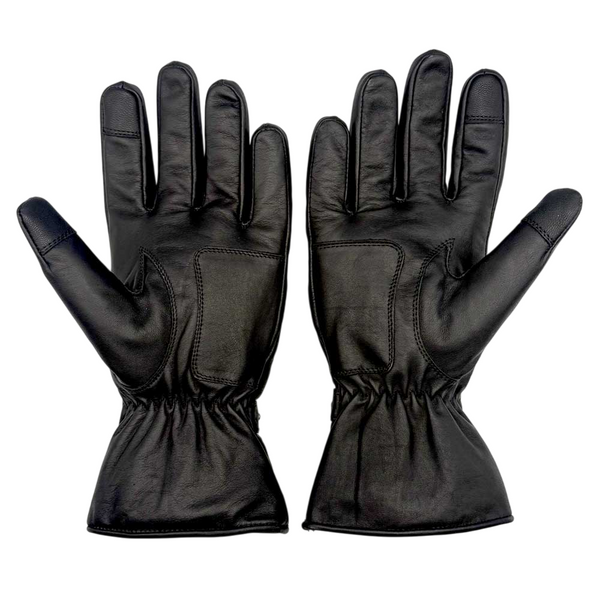 inside a classic pair of black leather motorcycle gauntlet gloves