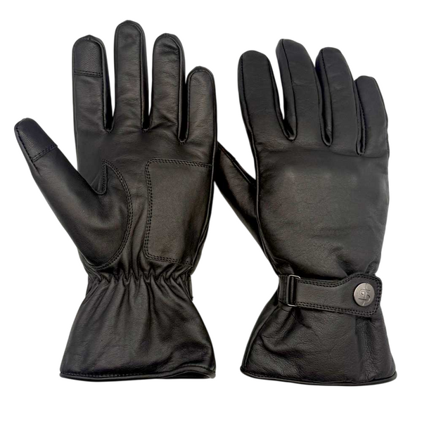 black leather motorcycling gloves with knuckle protection and gauntlet style and wrist adjustment fastening