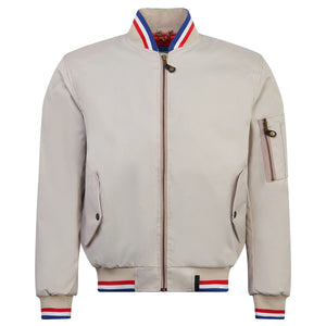 Front view of Airforce 1 cream bomber motorcycle jacket with quilted orange lining
