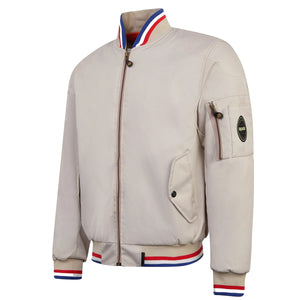 Side profile of cream spada Airforce 1 biker jacket showing fitted cut and jersey collar