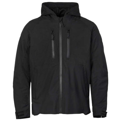 Front view of unisex black waterproof motorcycle jacket with detachable hood, breathable and weather-resistant design for men and women bikers