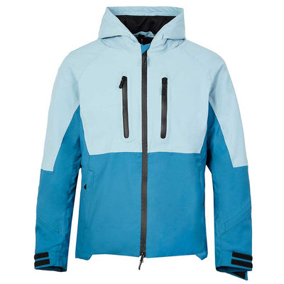 Front view of blue two-tone waterproof motorcycle jacket with light blue top and dark blue bottom – unisex fit for men and women bikers