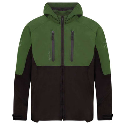 Front view of green and black waterproof motorcycle jacket, unisex riding gear for men and women with ergonomic fit and detachable hood