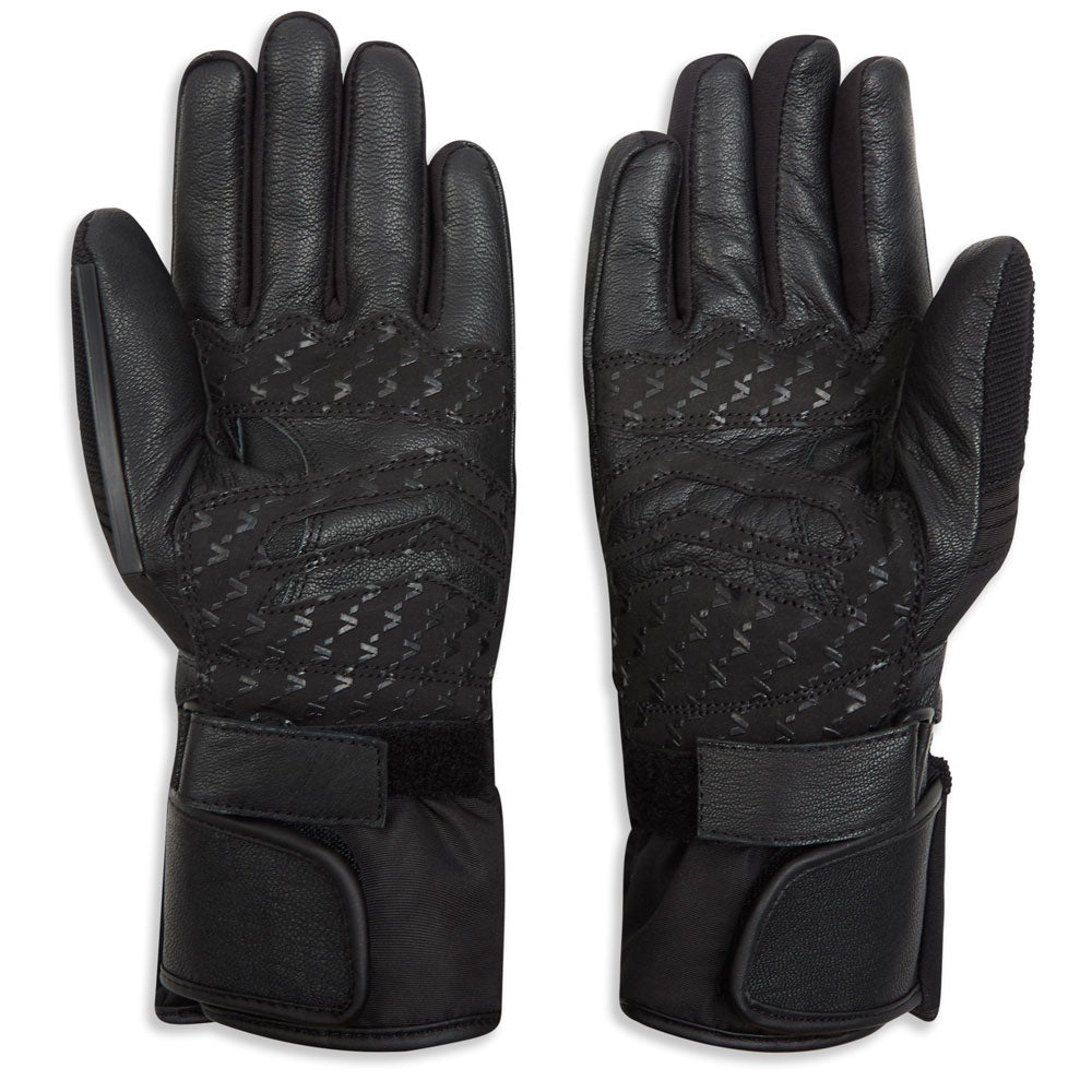 black textile waterproof motorcycle gloves with leather palms for biker