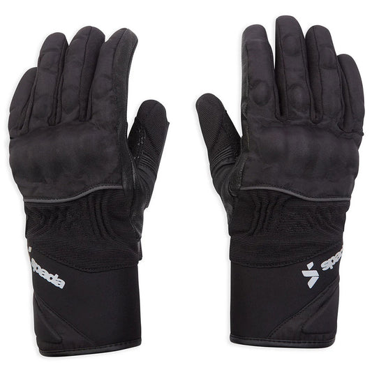 front of black womens motorcycle gloves with thermal lining