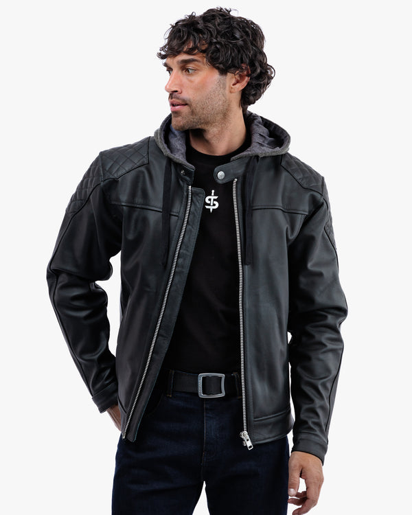 Man wearing a black leather jacket with a gray hood on a white background