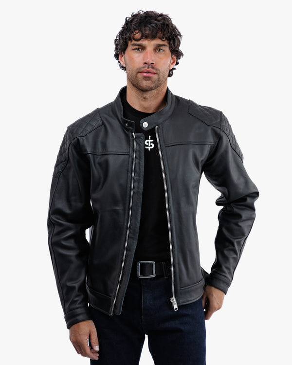 biker wearing black leather motorcycle jacket with detachable hood