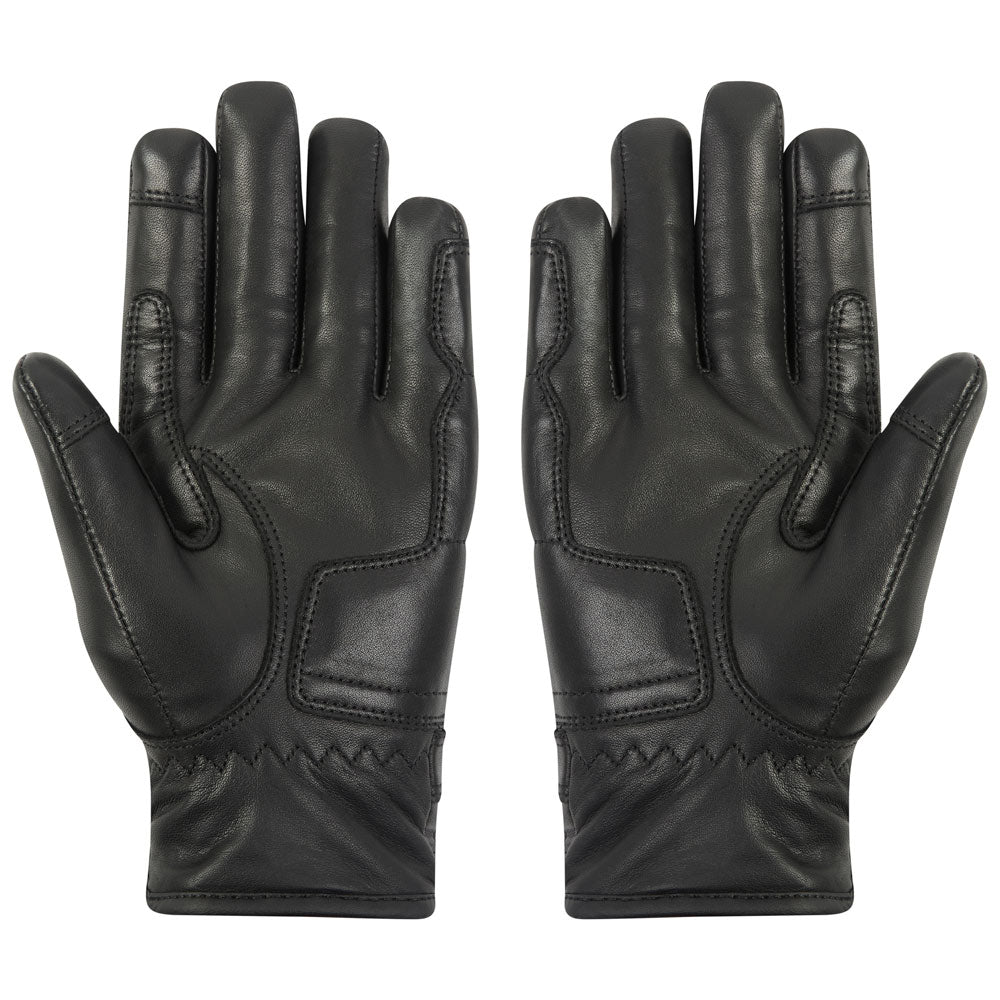 back of classic black leather motorcycle gloves with accordion elastic finger detail for bikers