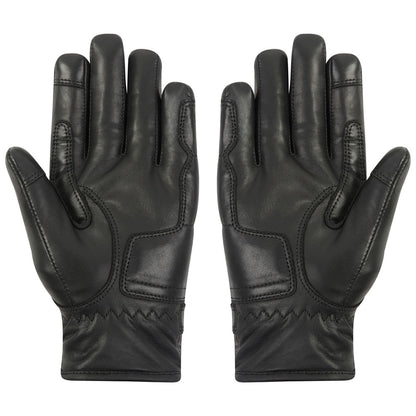 back of classic black leather motorcycle gloves with accordion elastic finger detail for bikers