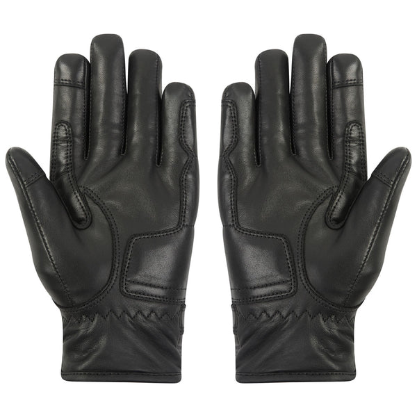 back of classic black leather motorcycle gloves with accordion elastic finger detail for bikers