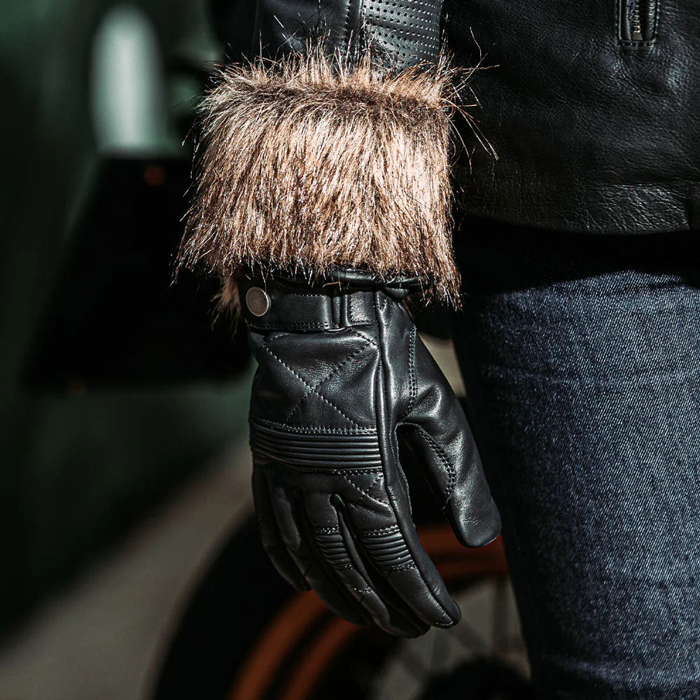 woman wearing spada black lancer motorcycle leather gloves with wrist adjustment