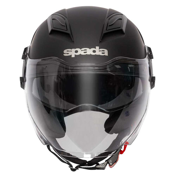 front of black open face motorbike helmet with clear visor