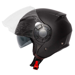 side of black motorbike helmet with clear visor lifted and integrated sun visor visible