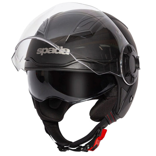 matte black open face motorcycle helmet with internal sun visor