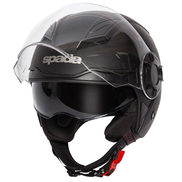 matte black open face motorbike helmet with internal sun visor