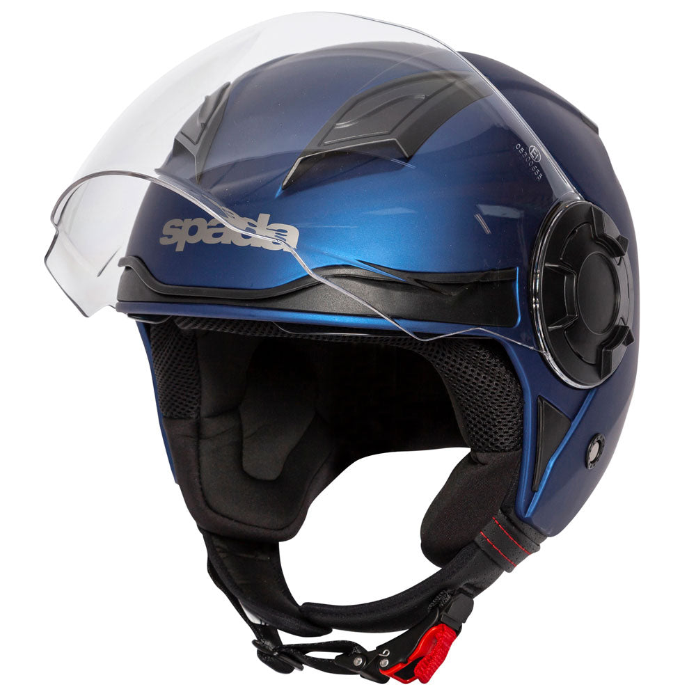 matte blue open face motorcycle helmet with rear integrated spoiler