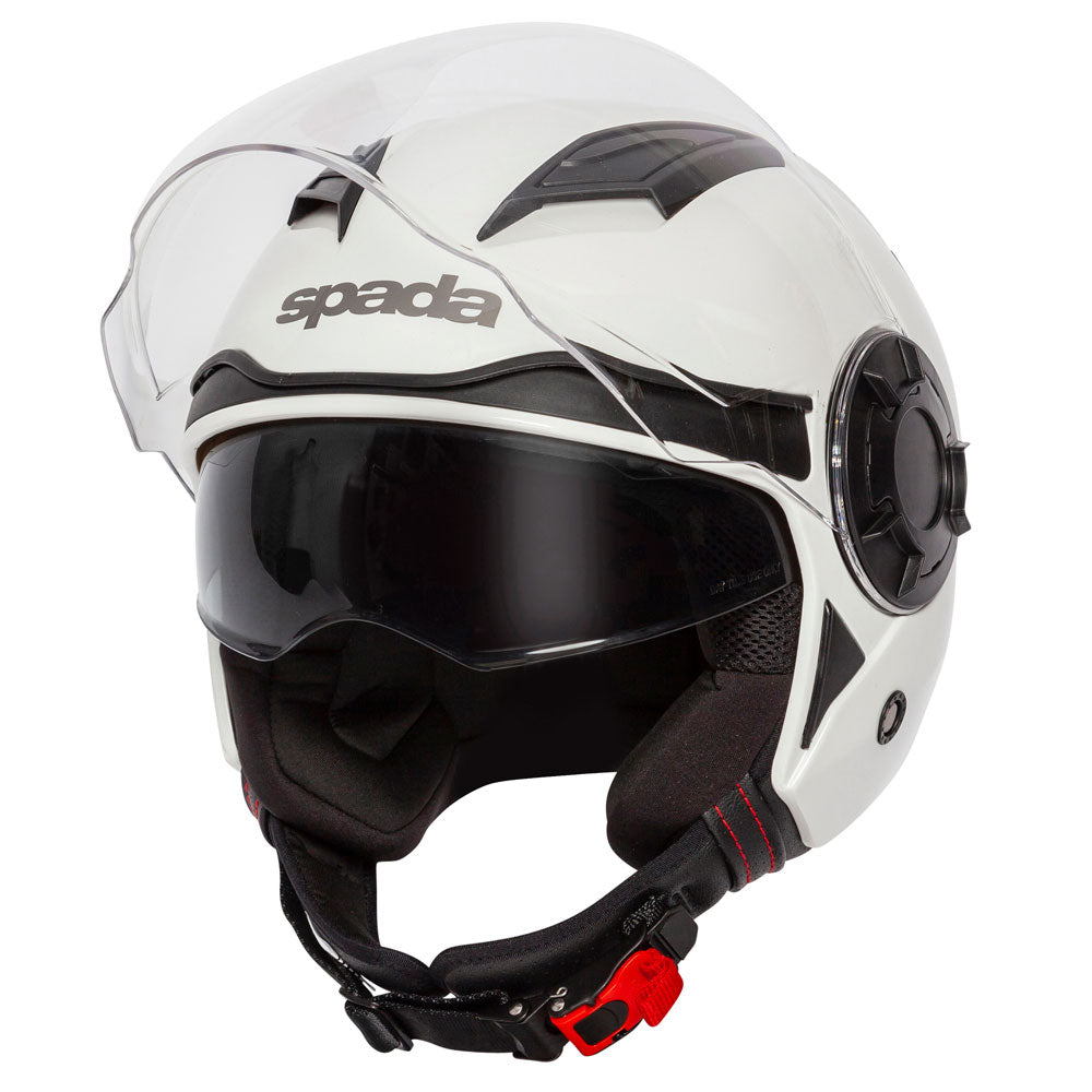 white open face motorcycle helmet with internal sun visor