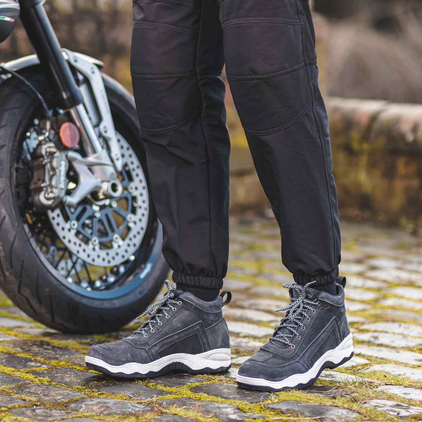 dark grey motorcycle trainers with laces