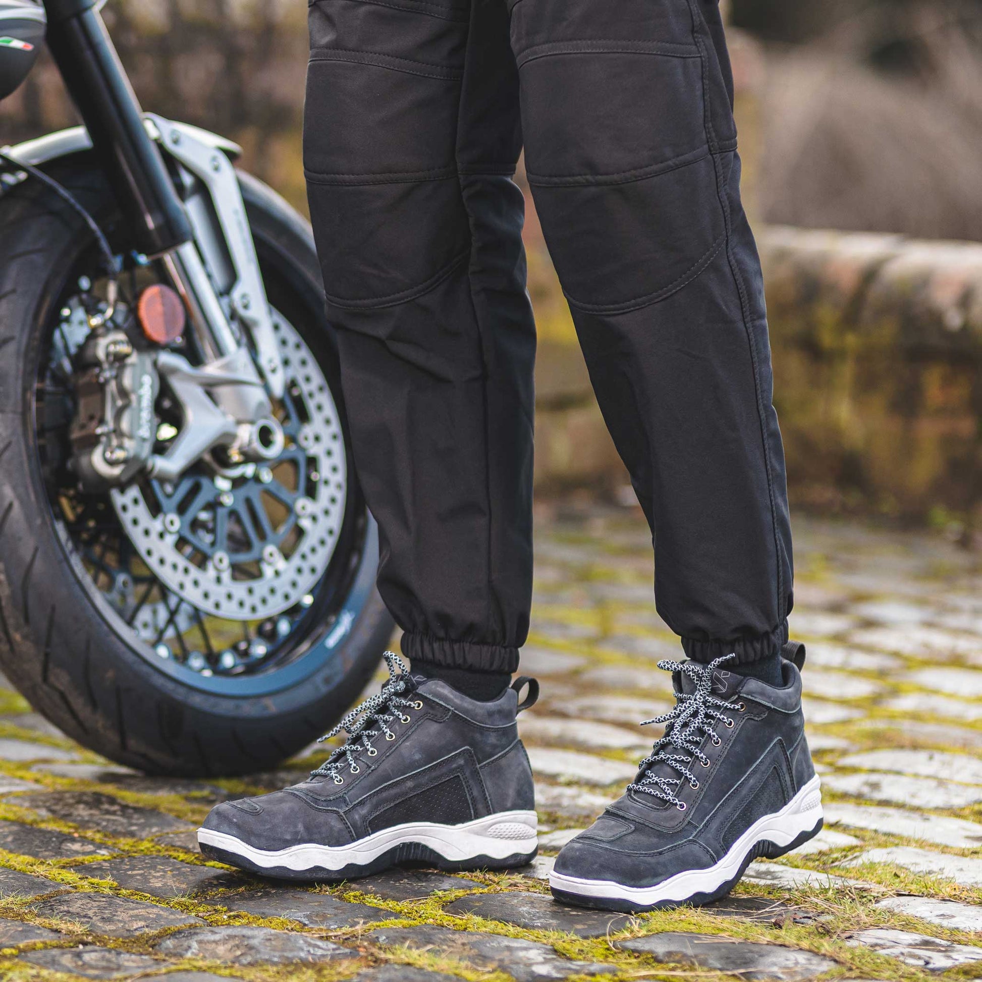 dark grey motorcycle trainers with laces