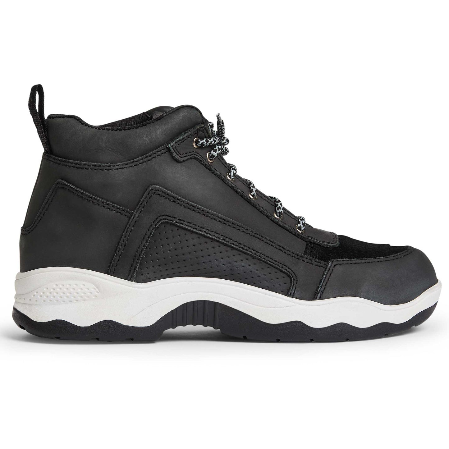 side view of black lace up trainers